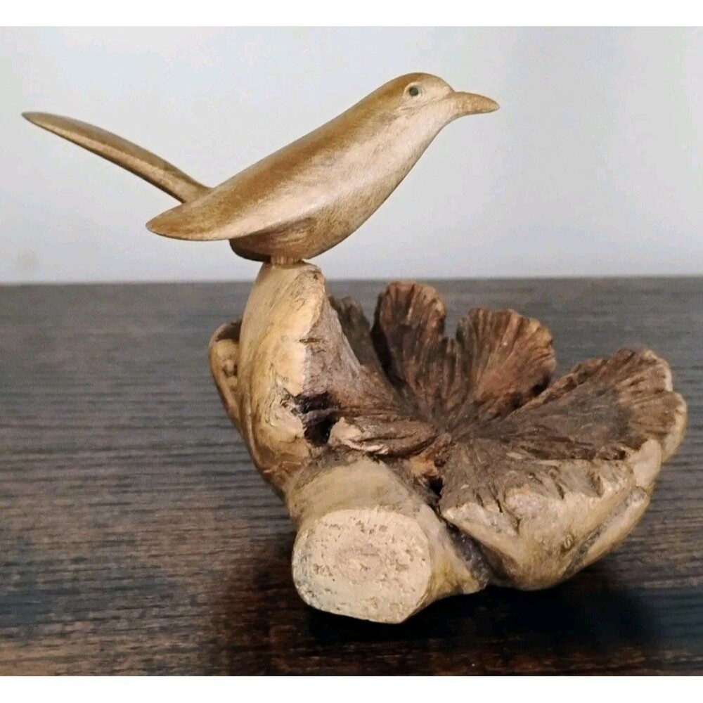 Vintage Hand Carved Wood Bird Ring Dish Wooden Jewelry Holder Trinket Bowl Boho